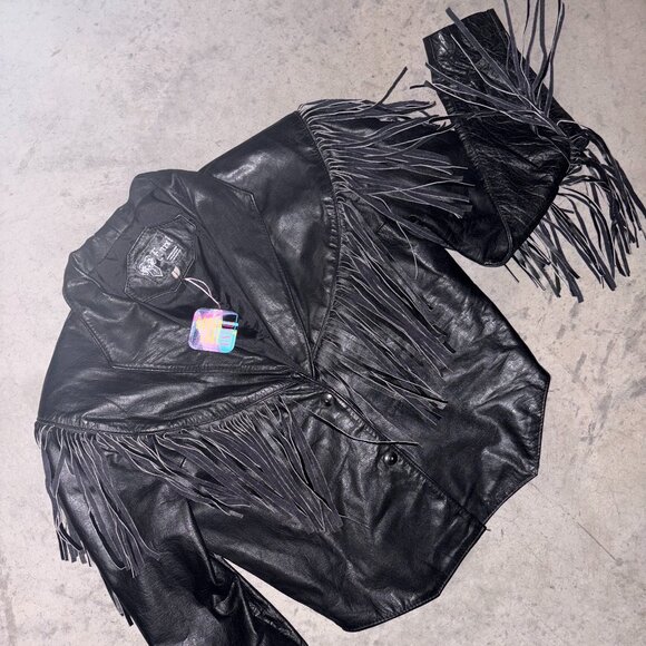 Vintage Enrel Black Genuine Leather Fringe Jacket Small - Picture 1 of 13